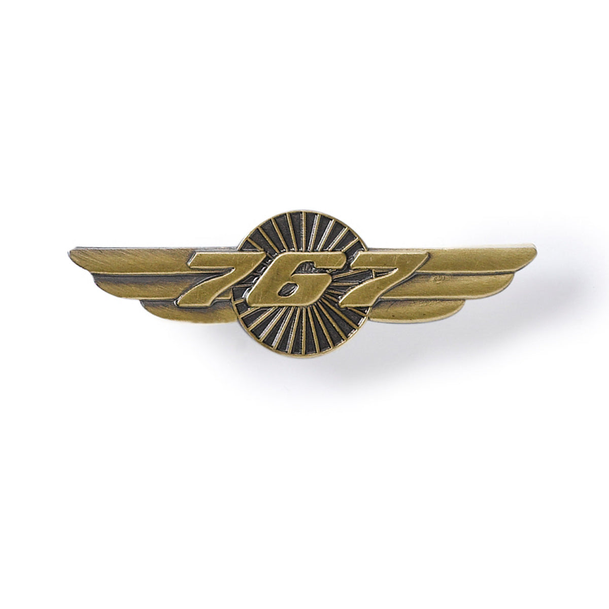 The Boeing 767 Wings Pin by Boeing is a unisex tie tack featuring outstretched wings and the number 767 at the center, designed with an antiqued brass finish and displayed on a white background.