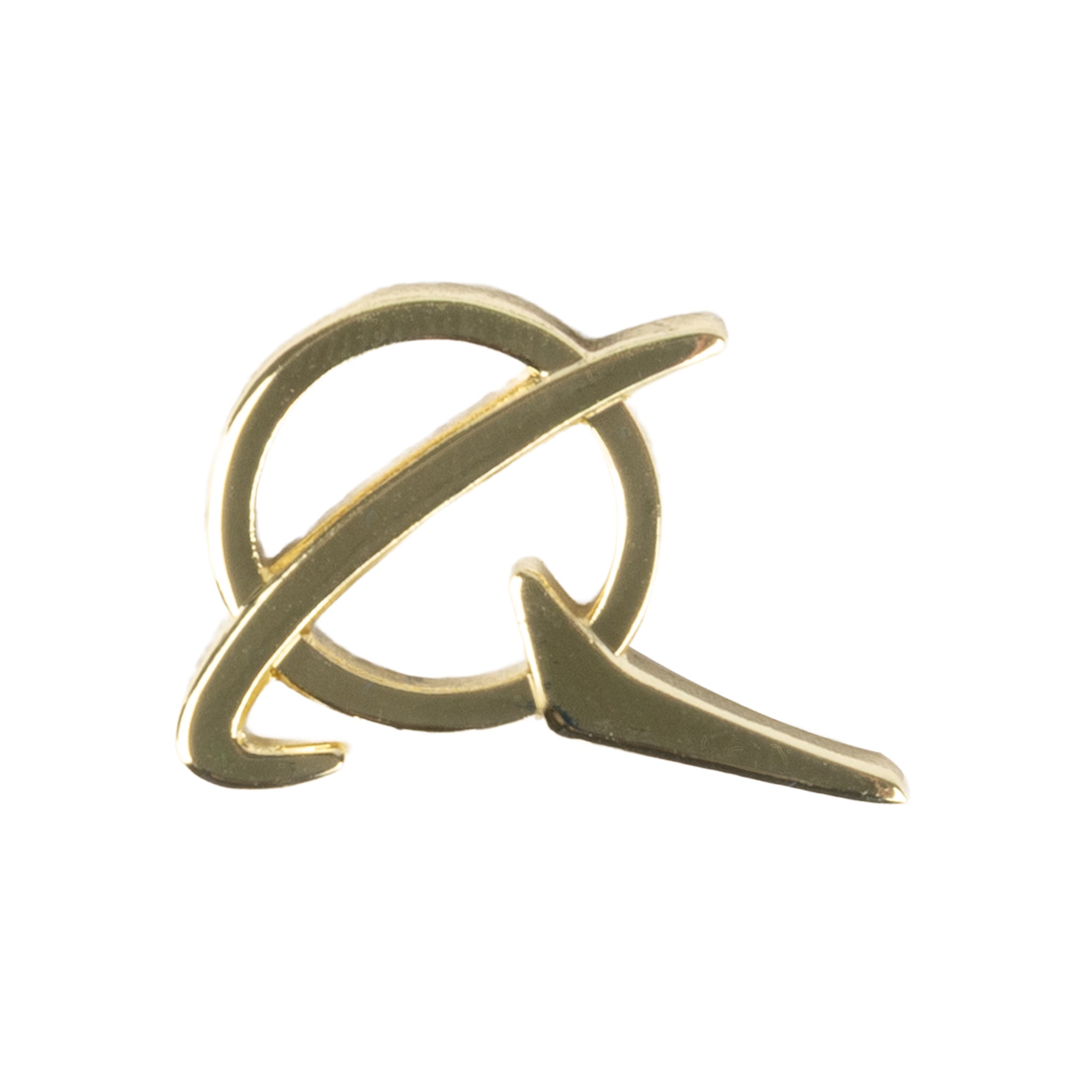 A Boeing Symbol Logo Gold Pin by BOEING, showcasing a stylized gold "Q" with a sweeping diagonal line crossing through its center, displayed against a white background.