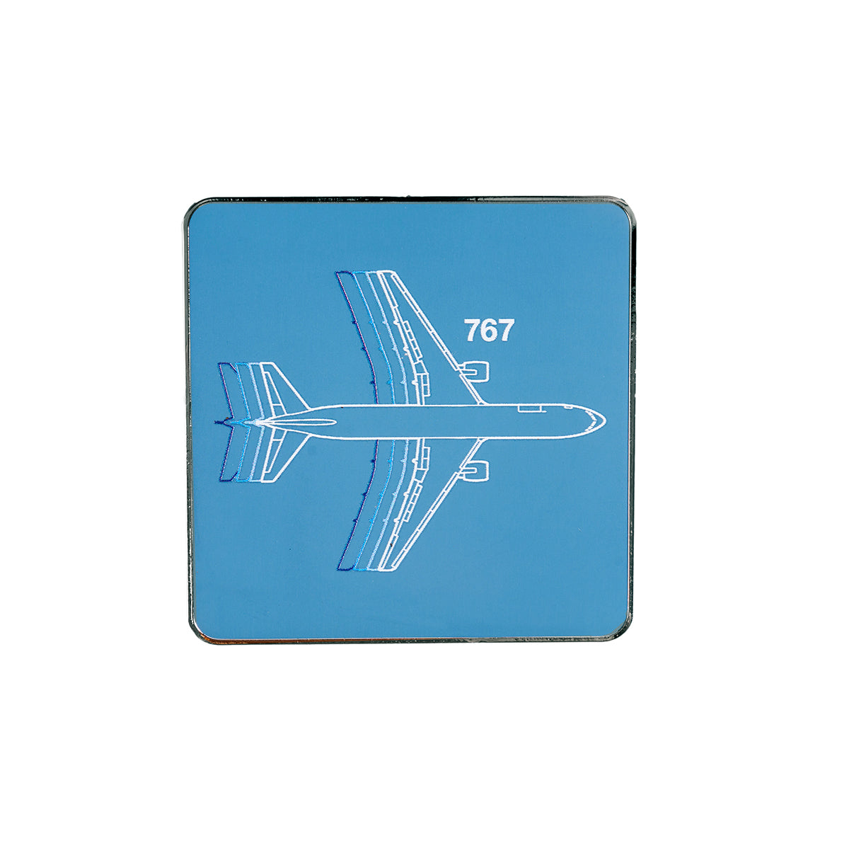 The Boeing Store’s Boeing 767 Motion Magnet features a top-down graphic of a 767 on a blue background, with the number elegantly displayed beside it, perfect for aviation enthusiasts.