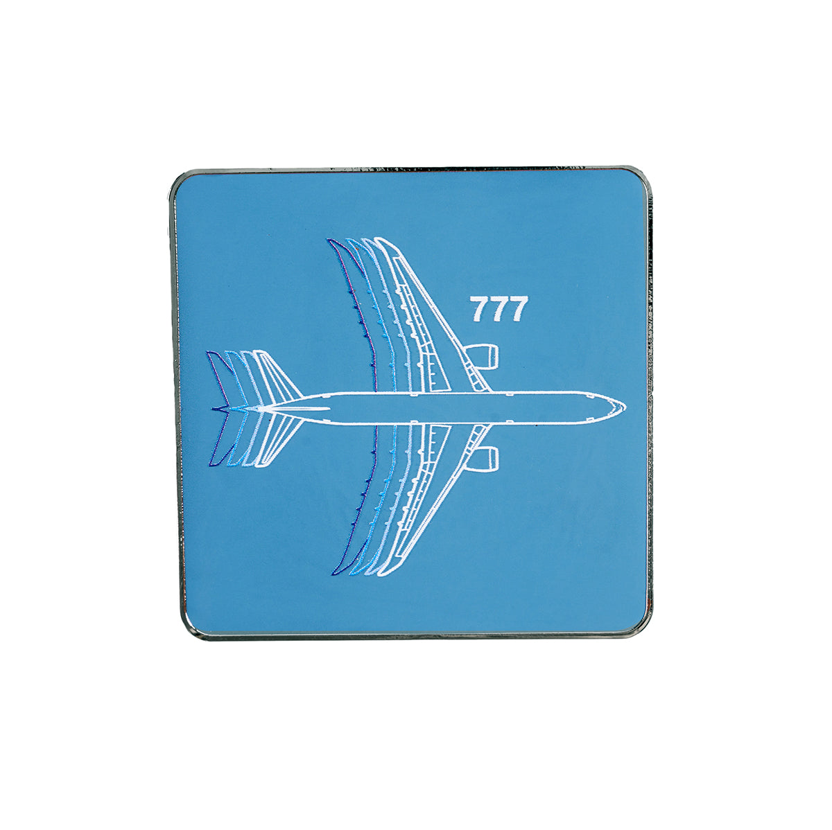 The Boeing 777 Motion Magnet from The Boeing Store showcases a simple white line illustration of a Boeing 777 from above on a square blue background, ideal for aviation enthusiasts, with the number 777 prominently displayed.