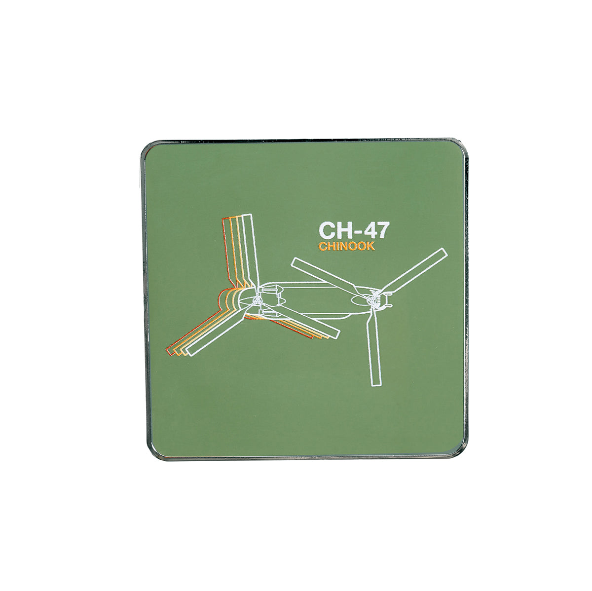 This Boeing CH-47 Chinook Motion Magnet from The Boeing Store features an illustration of the helicopters rotor design on a green backdrop, perfect for aviation enthusiasts. It showcases overlapping rotor configurations with CH-47 Chinook highlighted.