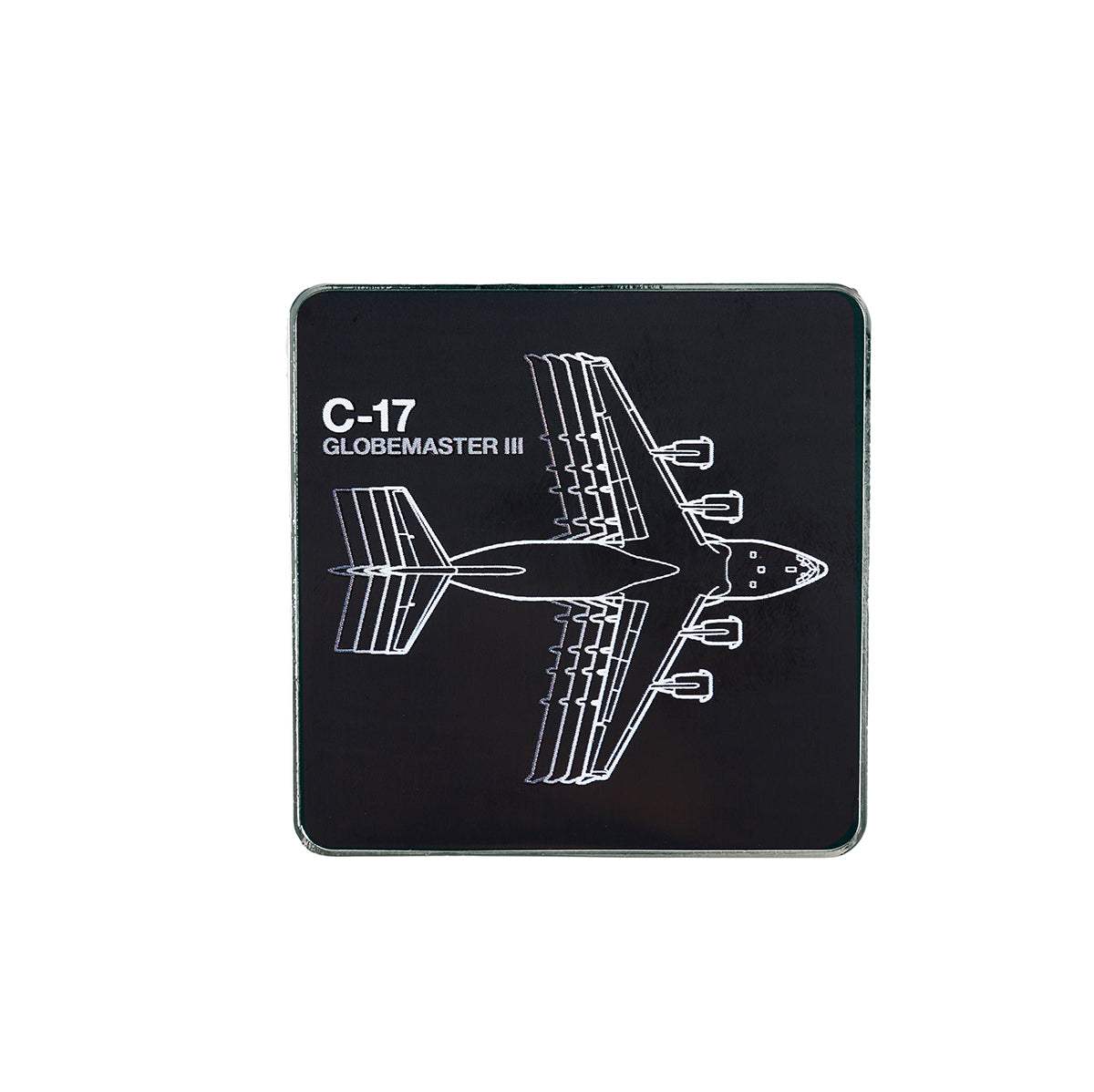 The Boeing Stores Boeing C-17 Globemaster Motion Magnet is a black square sign with an enamel depiction of the C-17 aircraft from above. Ideal for aviation fans, it features the text C-17 Globemaster III in white on the left side.