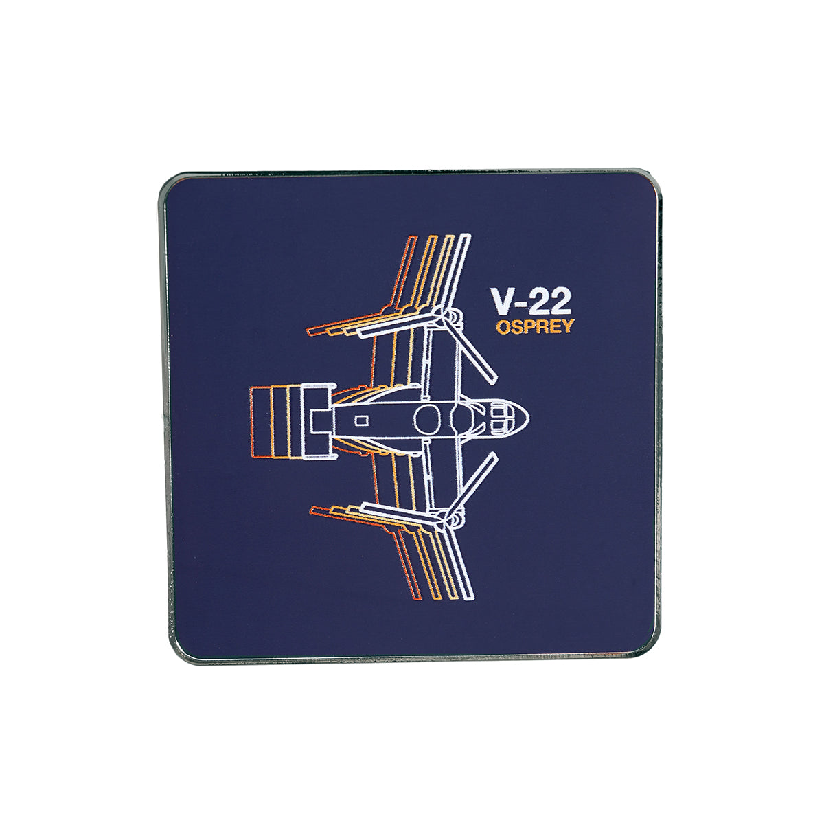 The Boeing V-22 Osprey Motion Magnet features a top-down illustration of the aircraft on a square dark blue background, with white and orange lines highlighting its design. The text V-22 OSPREY appears on the right, making it a great choice for aviation enthusiasts. Brand: The Boeing Store.