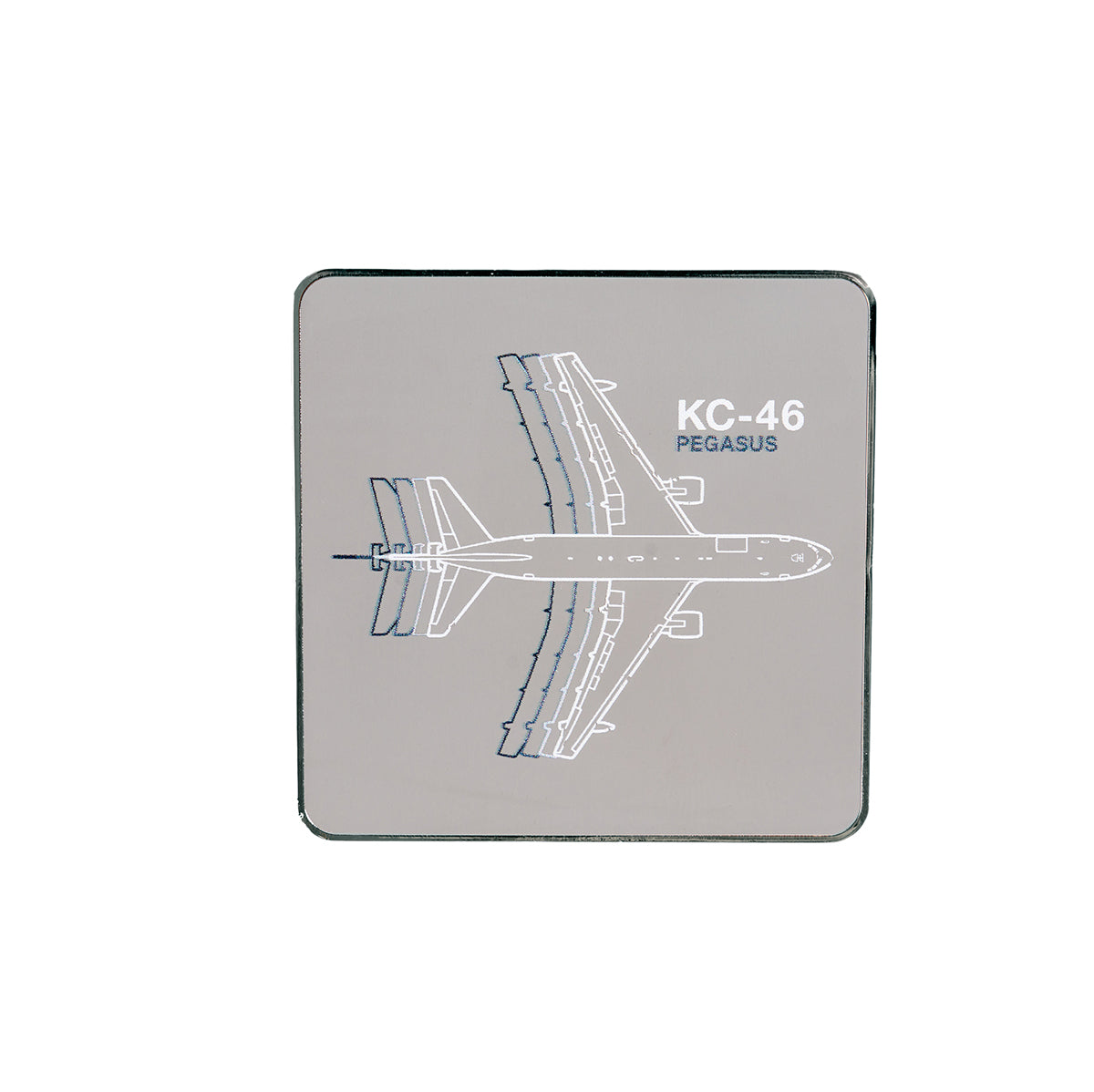 Square-shaped magnet with a line drawing of the Boeing KC-46 Pegasus from The Boeing Store. This gray background features a top-down view, showcasing its wings and tail—perfect for aviation enthusiasts.