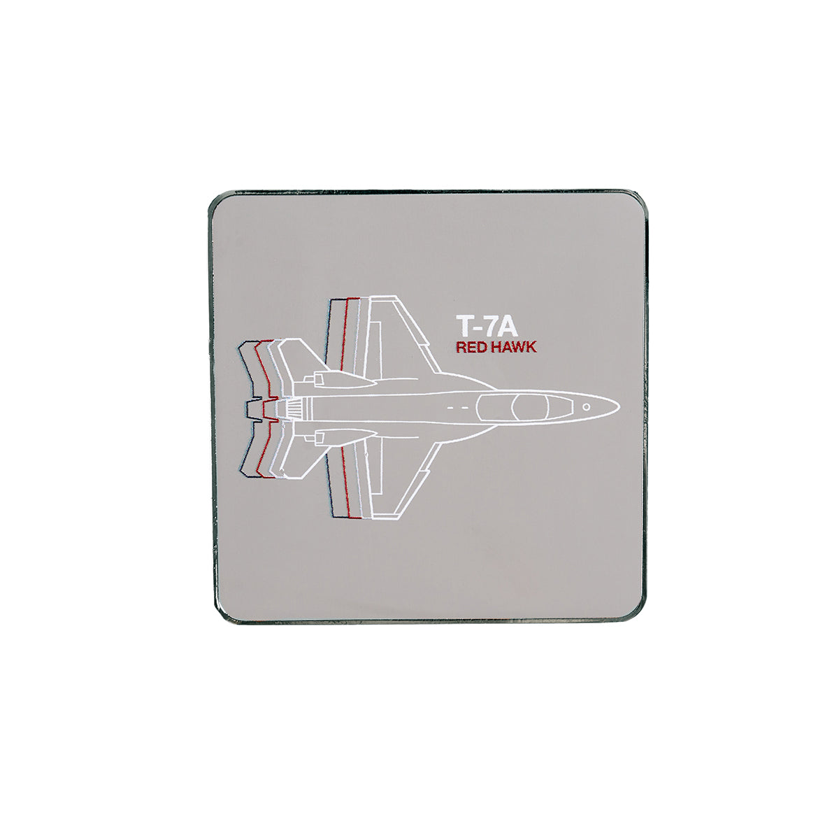 Illustration of a Boeing T-7A Red Hawk jet with white outlines and red-blue accents on a sleek gray backdrop, featuring the text T-7A Red Hawk, resembling The Boeing Stores silver-tone Motion Magnet for aviation enthusiasts.