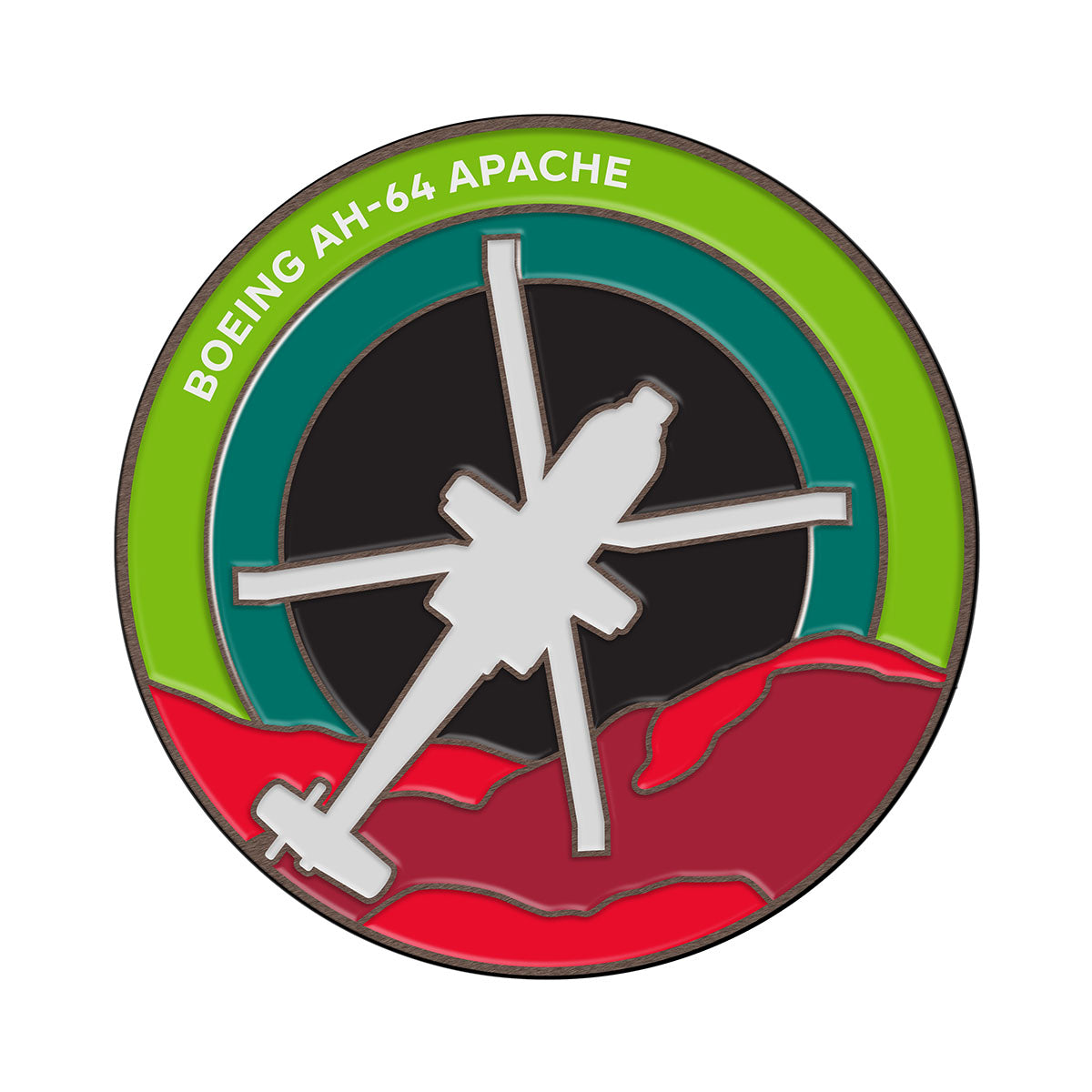 The Boeing AH-64 Apache Skyward Magnet, by Boeing, is a circular patch with a helicopter silhouette and Boeing AH-64 Apache at the top. It features green and red borders with abstract red shapes at the bottom, showcasing an enamel Skyward design aesthetic.