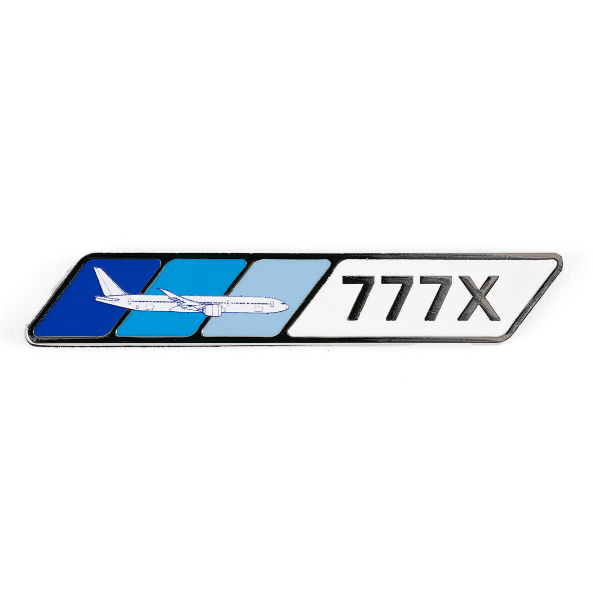 The Boeing 777X Velocity Magnet showcases an airplane illustration on a gradient blue background, with bold 777X text on white, capturing the Boeing 777Xs essence with enamel-like precision.