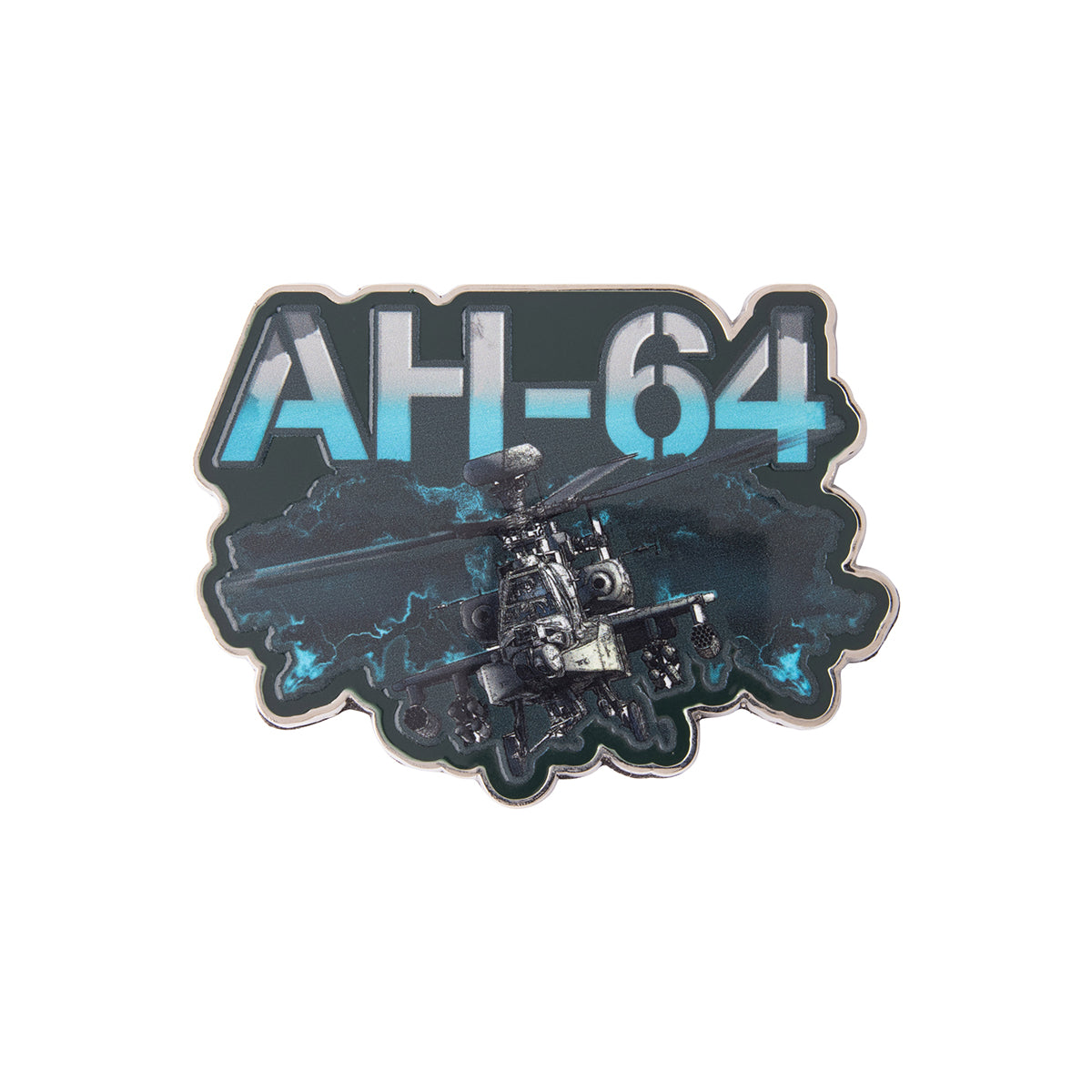 Boeing AH-64 Apache Graphic Magnet featuring a die-cut helicopter silhouette against a dark blue lightning background, with AH-64 printed in large, light blue letters at the top.