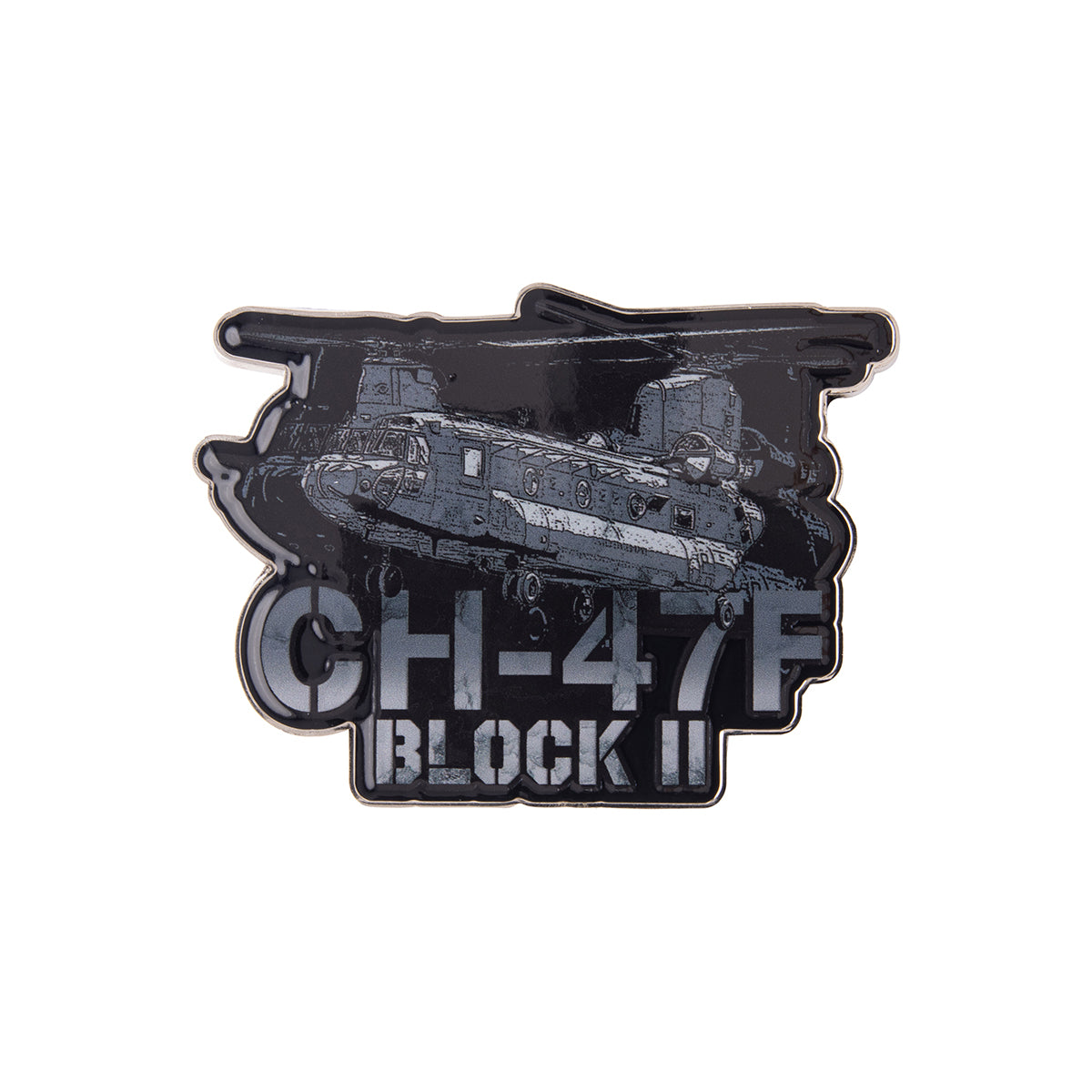 A Boeing CH-47F Block II Graphic Magnet featuring an illustration of a CH-47F Block II tandem-rotor helicopter with the text CH-47F BLOCK II below it.