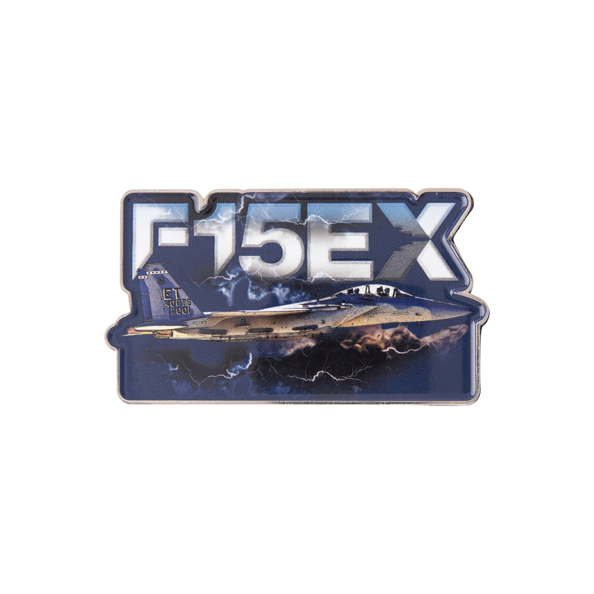 Rectangular Boeing F-15EX Eagle II Graphic Magnet featuring a fighter jet flying through a lightning storm, with the aircraft name displayed in large letters behind it.