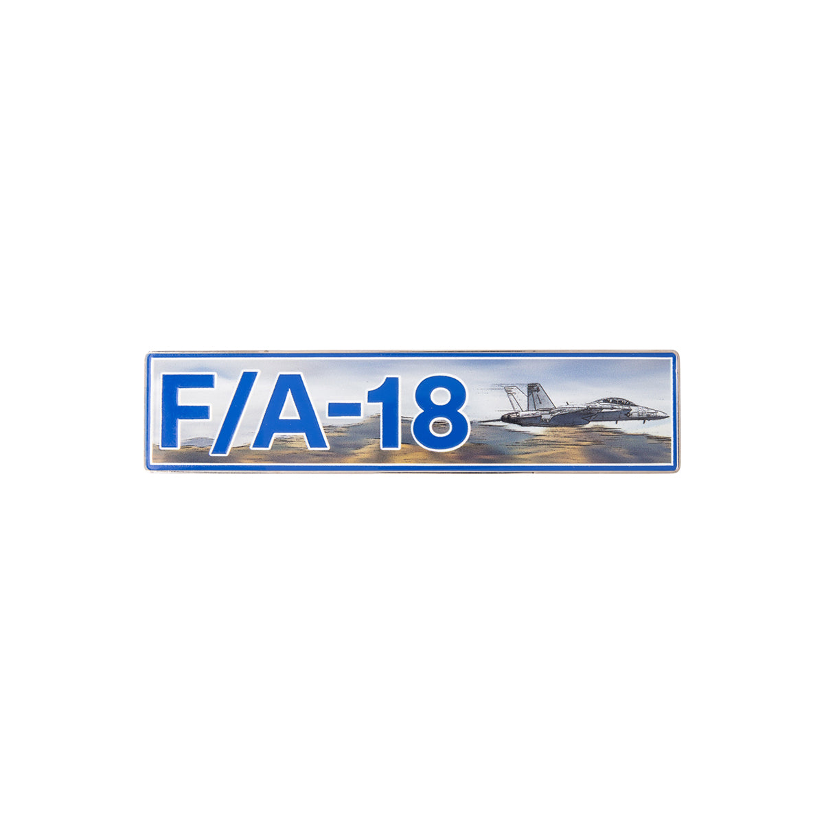 Rectangular Boeing F/A-18 Super Hornet Graphic Magnet featuring an F/A-18 Super Hornet flying over a desert landscape, with the text F/A-18 in large blue letters.