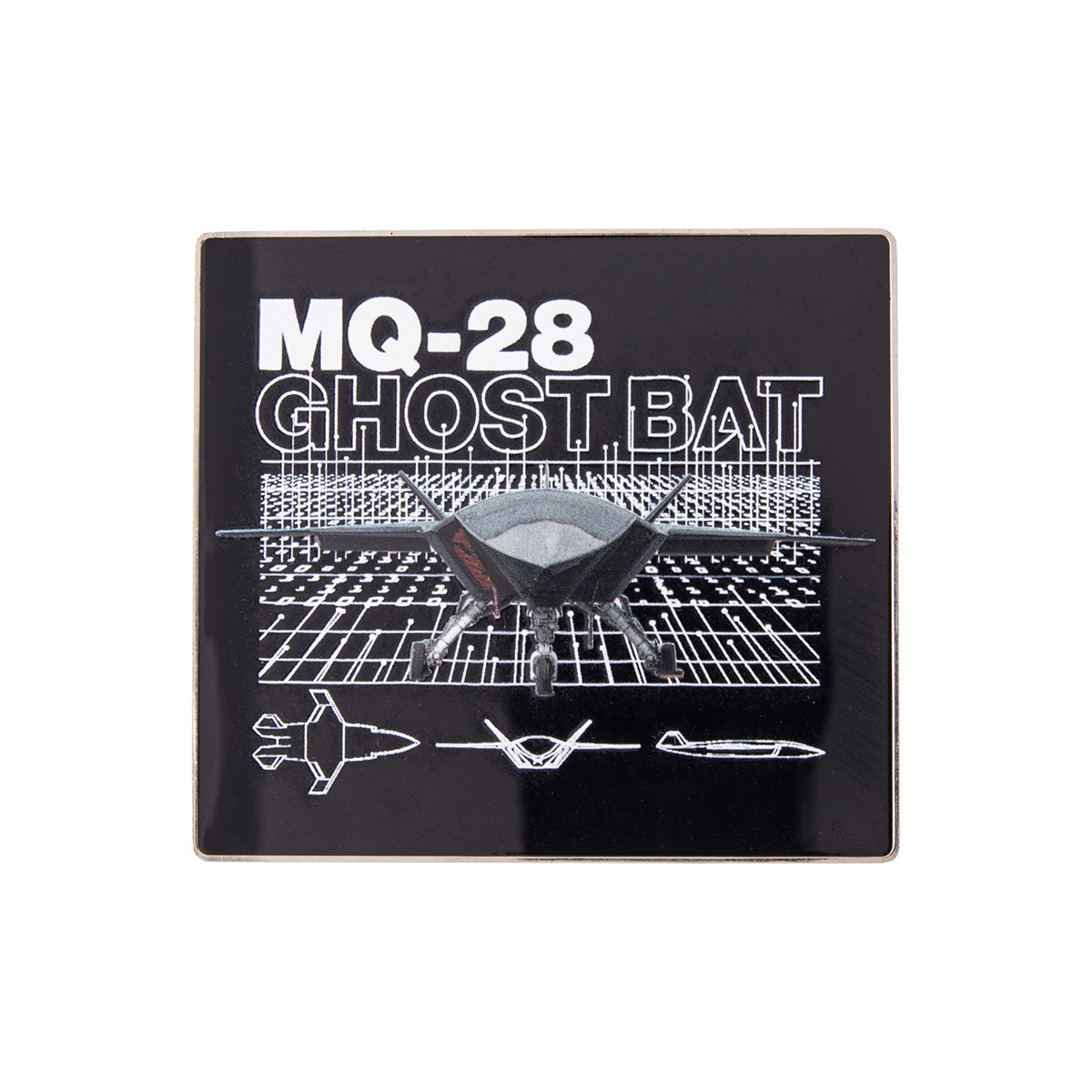 Square Boeing MQ-28 Ghost Bat Graphic Magnet featuring a front-facing drone over a grid background, with the aircraft name above and three line-art silhouettes of the drone below.