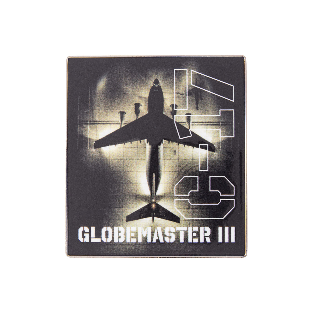 Square Boeing C-17 Globemaster III Graphic Magnet featuring a silhouette of a C-17 Globemaster III aircraft with the text C-17 and GLOBEMASTER III printed on the front.