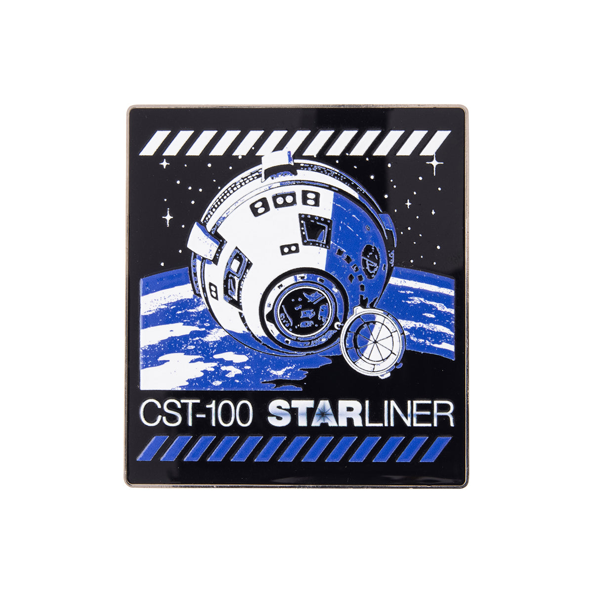 Boeing CST-100 Starliner Graphic Magnet featuring a square pin design of a blue and white CST-100 Starliner spacecraft orbiting Earth with the text CST-100 STARLINER at the bottom.