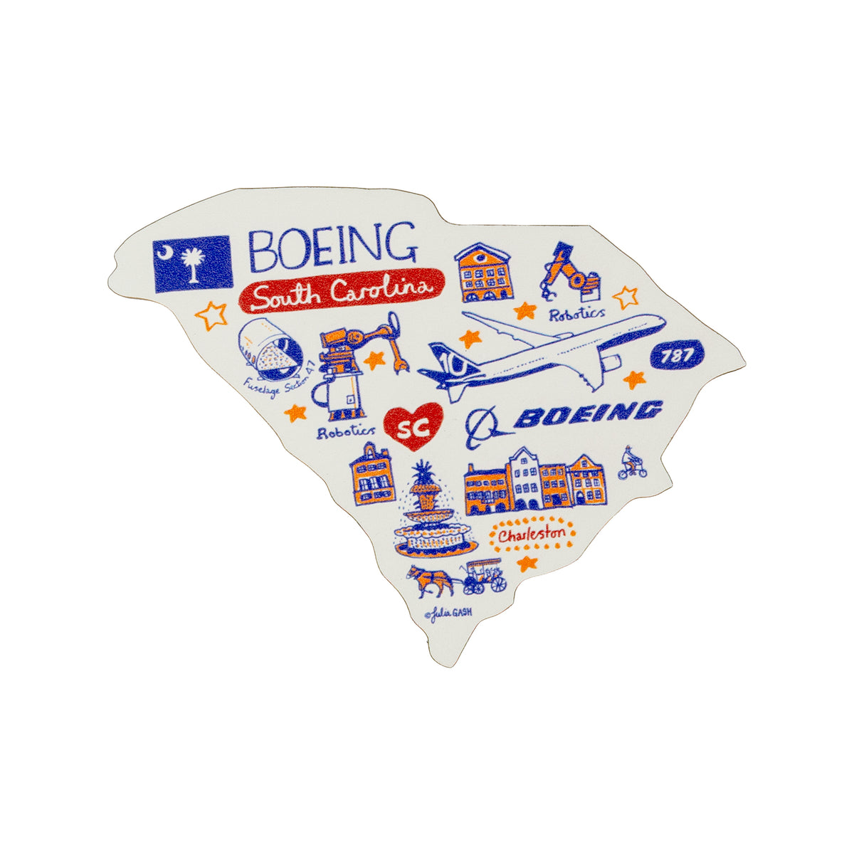 Showcase your love for the Palmetto State with the Boeing South Carolina Destination Magnet by BOEING. This illustrated magnet features Julia Gash’s signature design, highlighting Boeing, the 787, robotics, local landmarks, and Charleston through playful blue, orange, and red icons and text—making it a unique addition to any collection or as a standout souvenir.