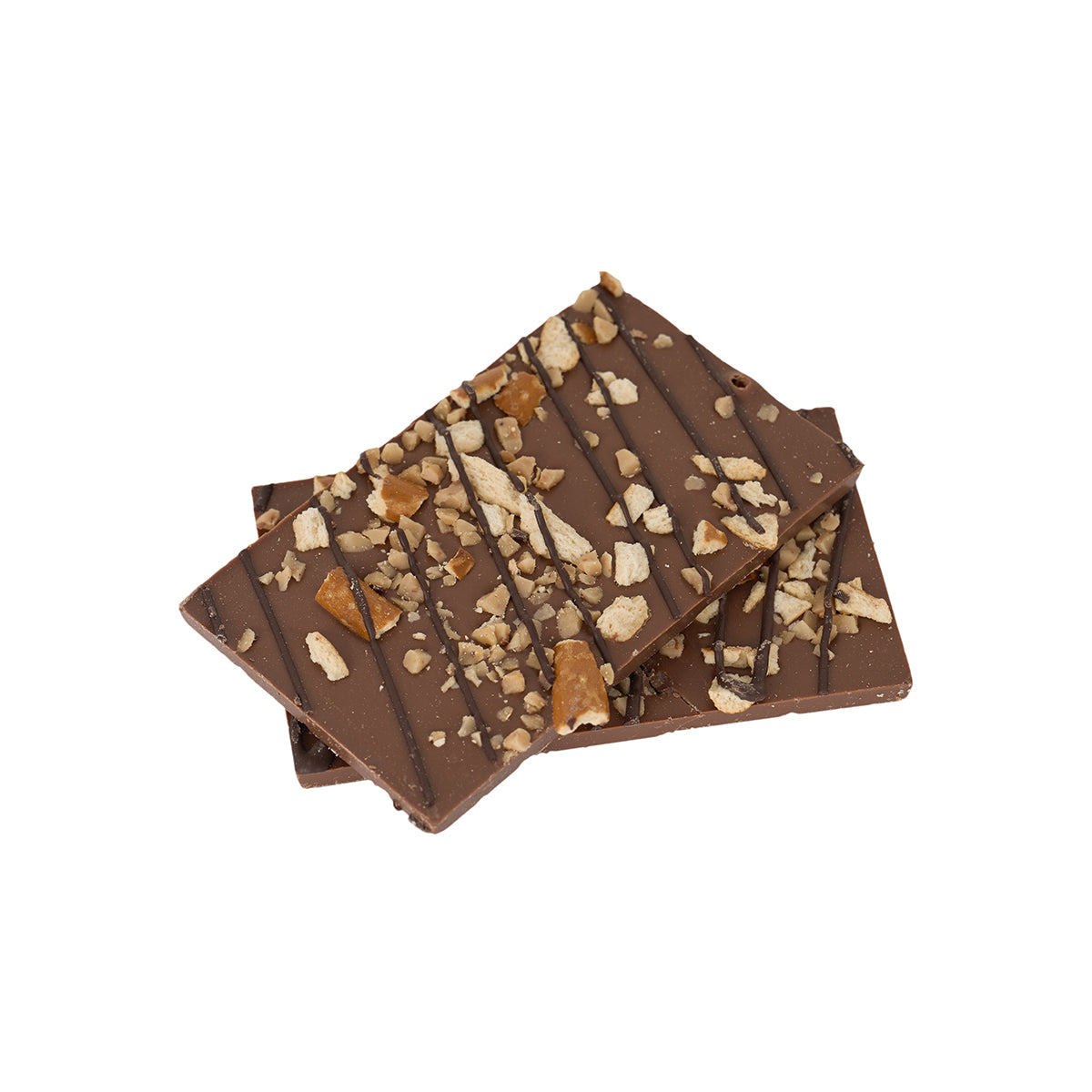 Two pieces of BOEING 2025 Jet Snowflake Chocolate Pretzel Toffee Bark, stacked on a white background with diagonal lines and sprinkled toffee bits—a festive holiday treat.