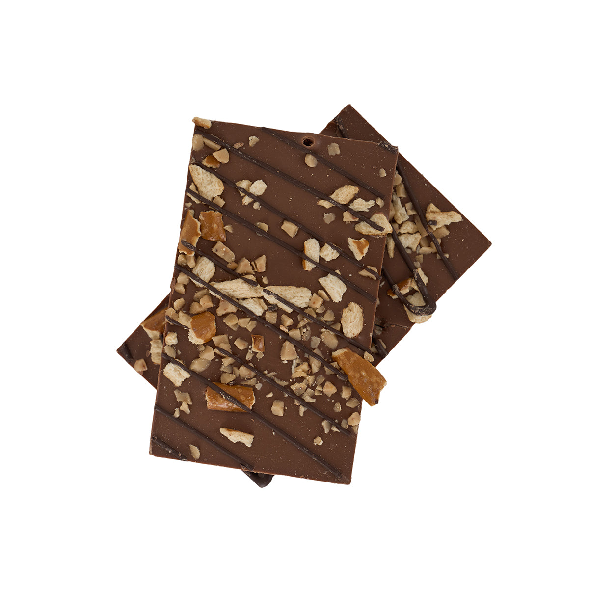 Two pieces of Boeing 2025 Jet Snowflake Chocolate Pretzel Toffee Bark by BOEING, topped with chopped nuts and arranged slightly overlapping on a white background for a festive chocolate treat.