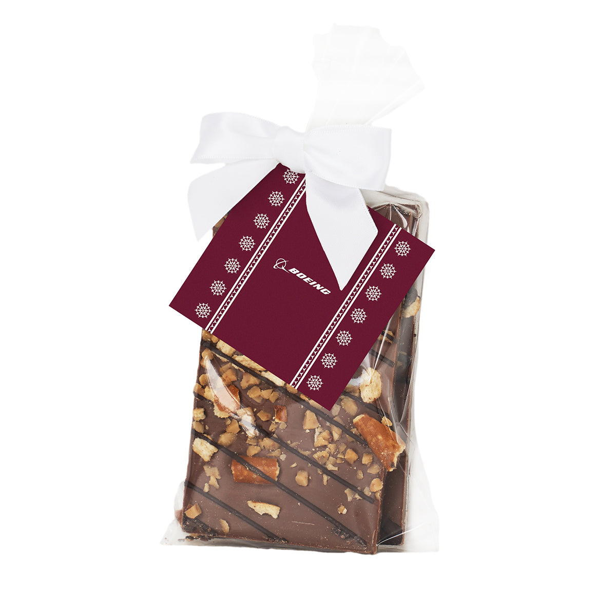 The BOEING 2025 Jet Snowflake Chocolate Pretzel Toffee Bark is a festive treat topped with chopped nuts, wrapped in clear plastic with a white ribbon and maroon Boeing tag—perfect for holiday gifting.