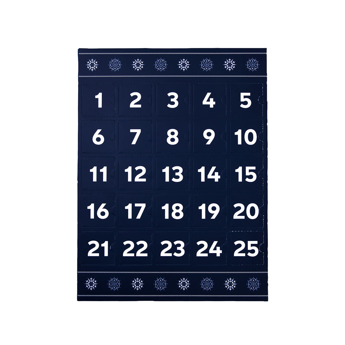 The Boeing 2026 Jet Snowflake Advent Calendar by Boeing features 25 numbered doors in a 5x5 grid on a navy blue background, adorned with white snowflakes along the top and bottom edges—making it a festive holiday gift or an ideal way to enjoy chocolate truffles tucked behind each door.