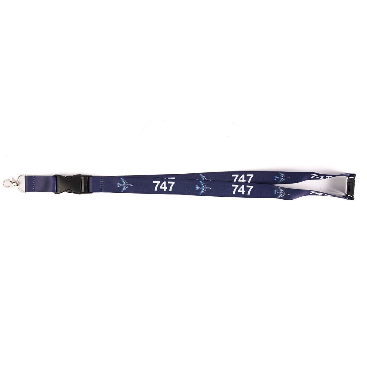 The Boeing Stores Boeing 747 Motion Lanyard features a 747 sublimation print with small airplane graphics on dark blue, a silver clip at one end, and a black plastic buckle near the center—an ideal aviation-inspired accessory for enthusiasts.