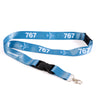The Boeing Stores Boeing 767 Motion Lanyard boasts an aviation-themed print with a sleek airplane graphic, sturdy black plastic buckle, and metal clip. Boeing is elegantly printed near the clasp, adding distinction to this stylish accessory.