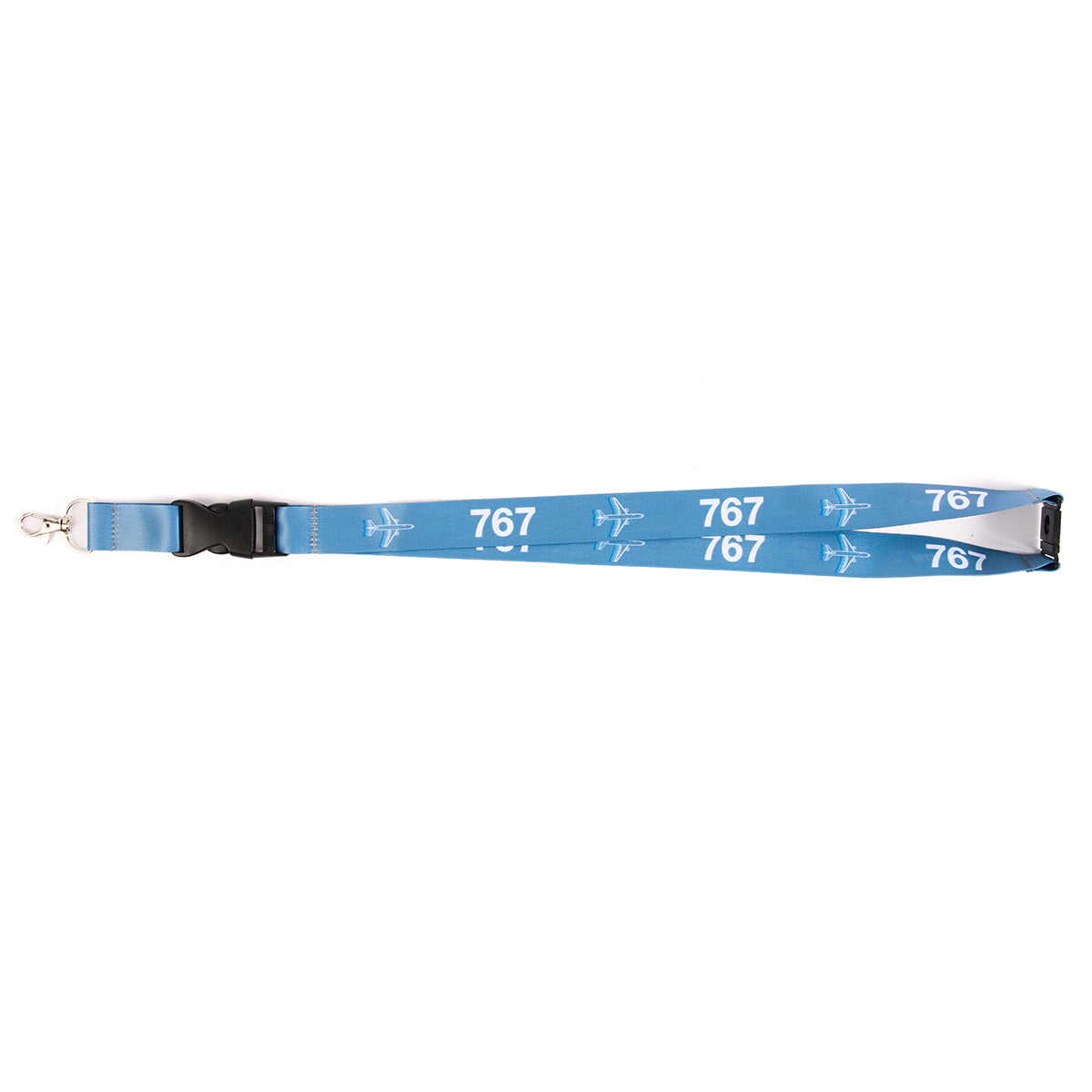 The Boeing Stores Boeing 767 Motion Lanyard features a blue design with 767 sublimation print and airplane illustrations. It includes a metal clip and plastic buckle, ideal for keys or a badge.