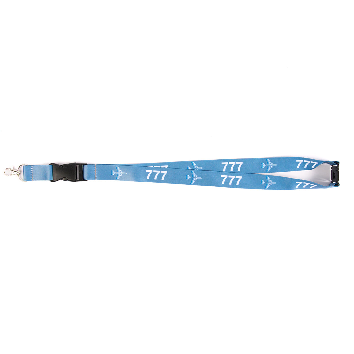 The Boeing Stores Boeing 777 Motion Lanyard features a blue aviation-inspired design with white airplane graphics, a black clip, and a metal clasp at one end, making it perfect for flight enthusiasts.