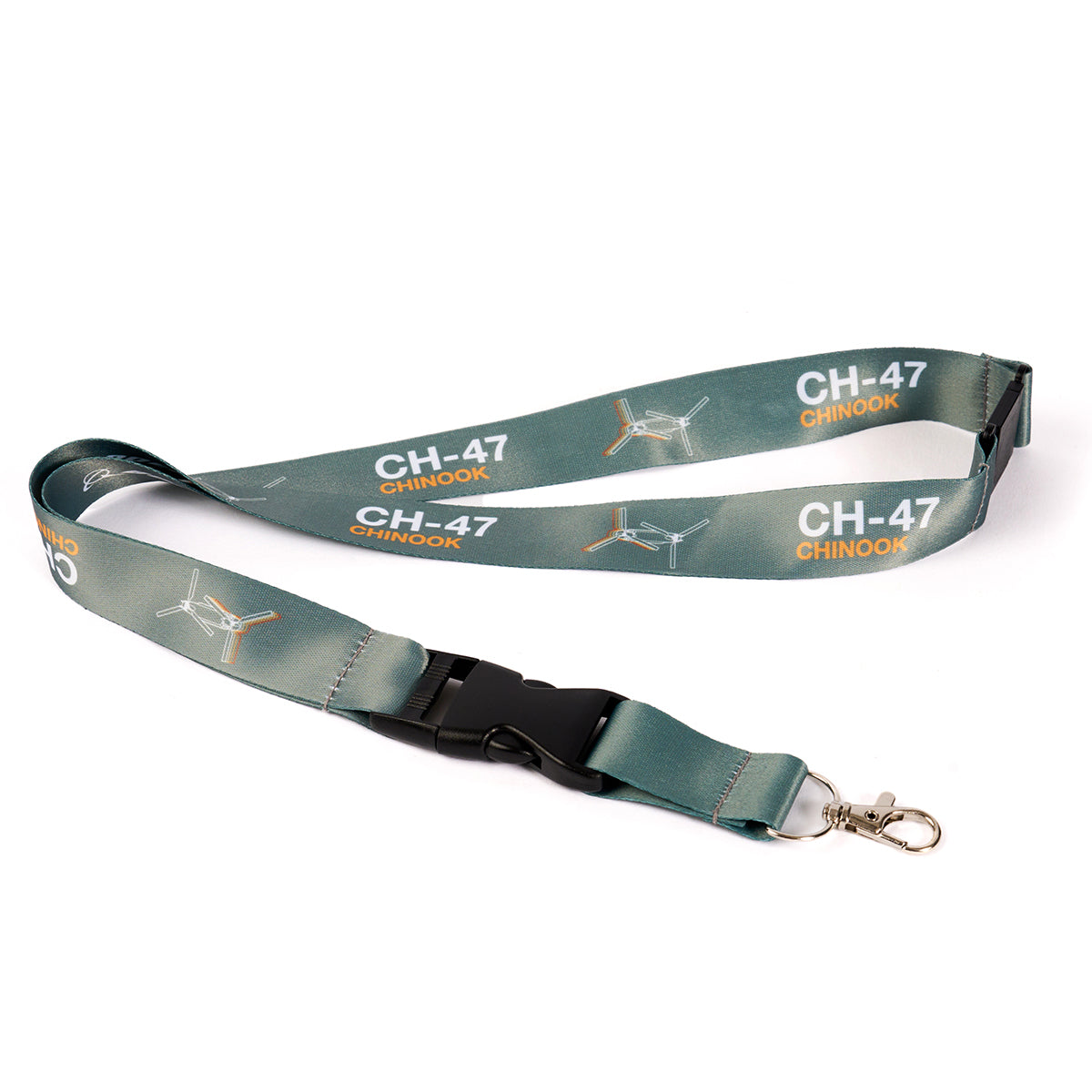 The Boeing CH-47 Chinook Motion Lanyard from The Boeing Store features aviation-inspired designs and text such as CH-47 Chinook with helicopter illustrations. It is mainly greenish-blue with white and orange accents, ideal for any aircraft enthusiast.