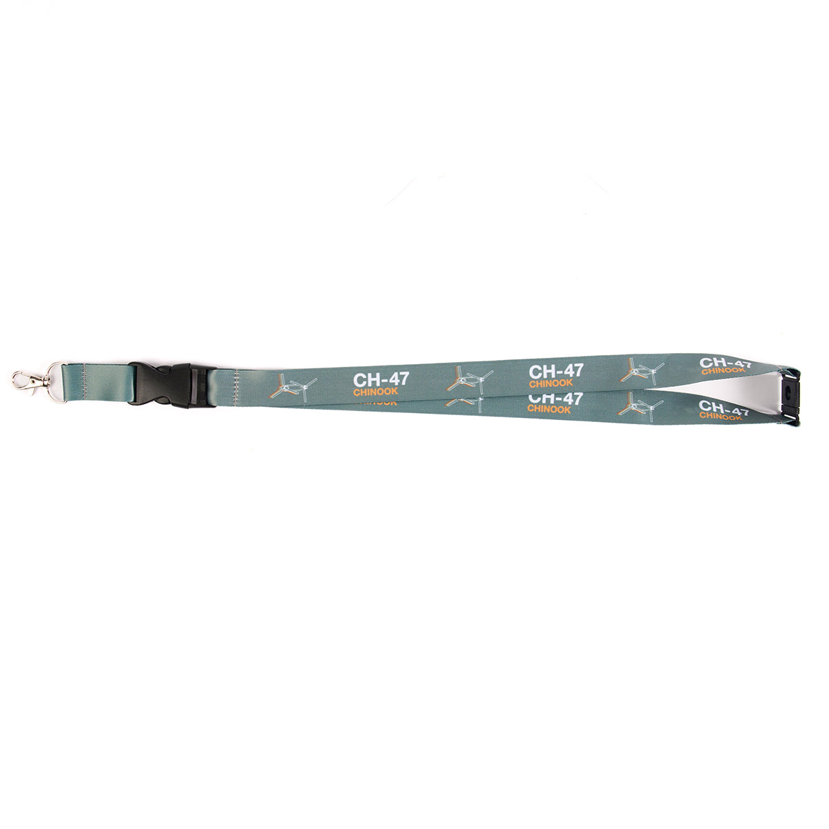 The Boeing Stores CH-47 Chinook Motion Lanyard is aviation-inspired, green, and features helicopter illustrations. It has a metal clasp and a black plastic buckle near the clasp, embodying Boeings iconic style.