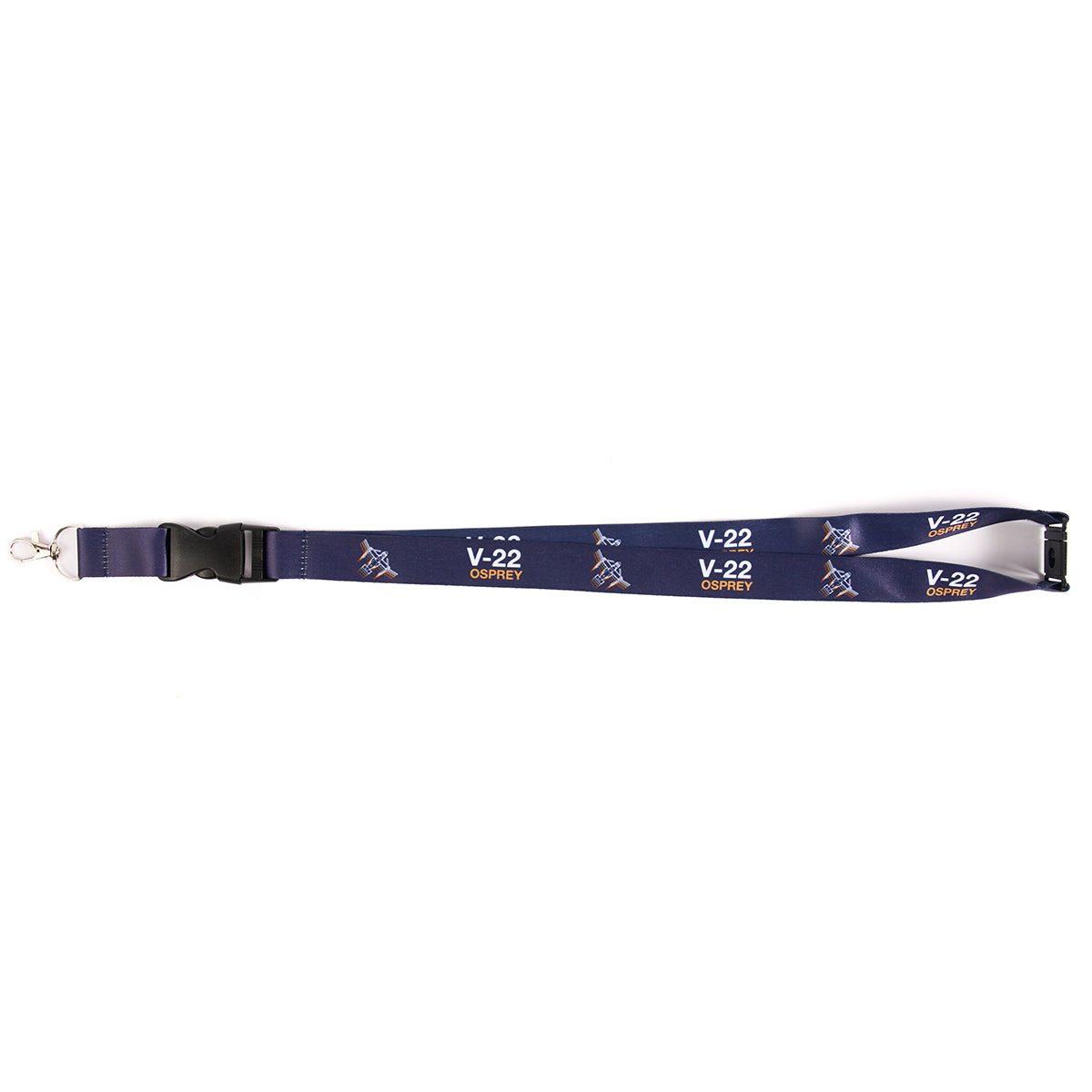 The Boeing Stores V-22 Osprey Motion Lanyard, inspired by aviation, features white V-22 Osprey text along its navy length, a graphic of the aircraft, and a detachable clasp to securely display your items with signature Boeing flair.