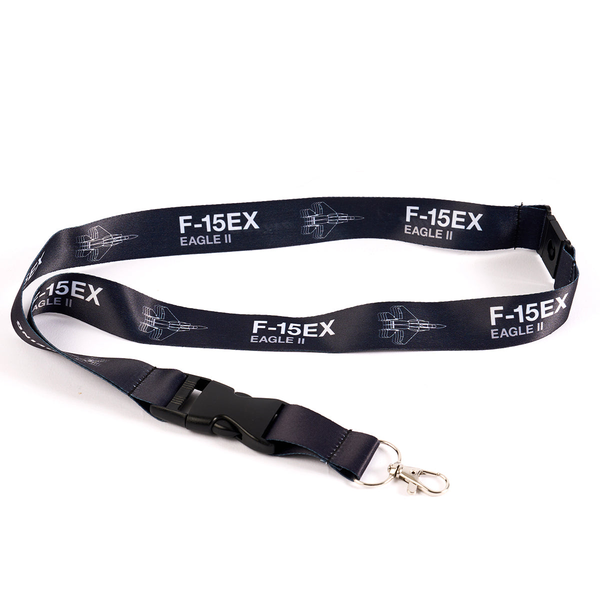 The Boeing Stores F-15EX Eagle Motion Lanyard, navy with white jet outlines, features plastic buckles and a metal clip, offering both function and style.