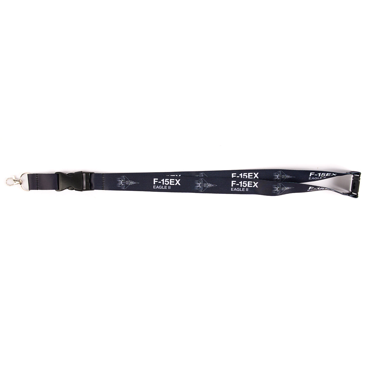 The Boeing Stores Boeing F-15EX Eagle Motion Lanyard is a navy blue, aviation-inspired accessory with F-15EX Eagle II in white text, small fighter jet graphics, and features a metal clasp and durable plastic buckle for style and functionality.