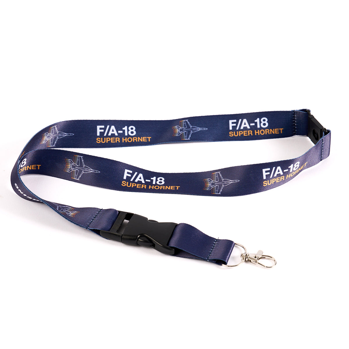 The Boeing F/A-18 Super Hornet Motion Lanyard from The Boeing Store is an aviation-inspired blue lanyard featuring aircraft graphics and text, with a sturdy black plastic clip and durable metal hook.