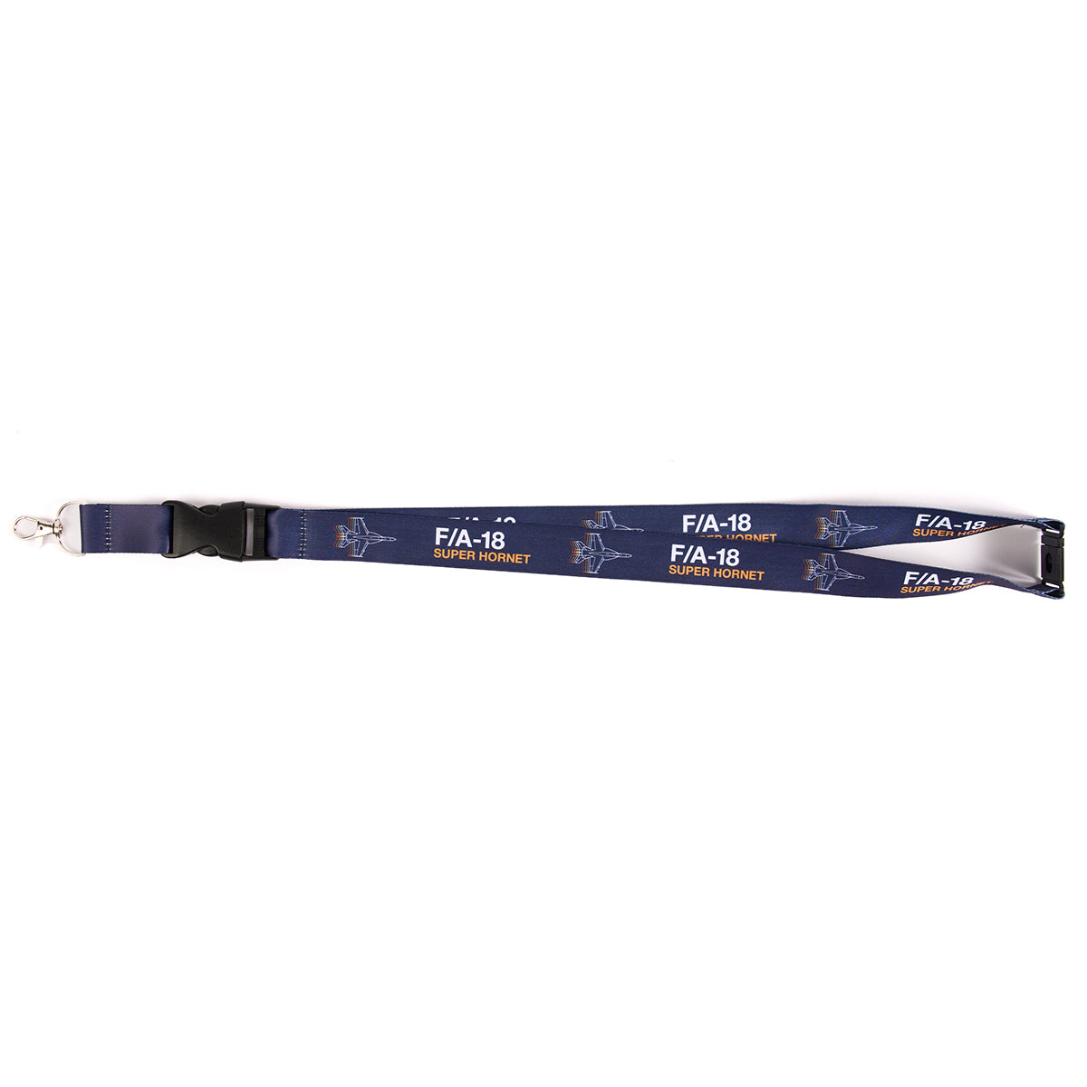 The Boeing Stores navy blue F/A-18 Super Hornet Motion Lanyard showcases white text and aircraft images, complete with a metal swivel hook and black plastic buckle clip.