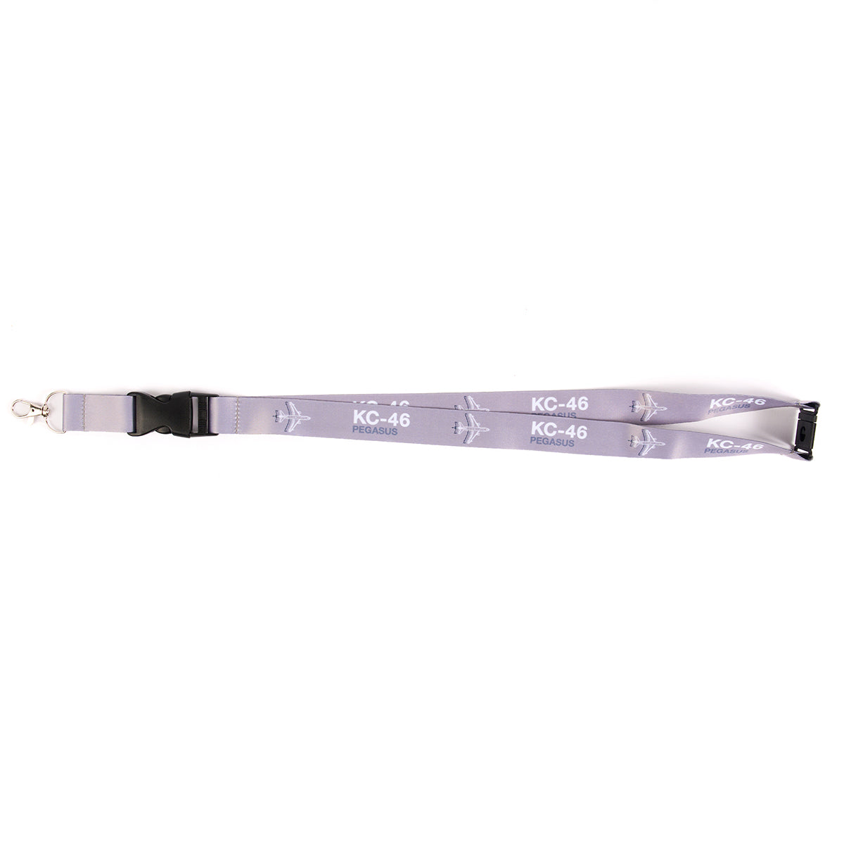 The Boeing Stores Boeing KC-46 Pegasus Motion Lanyard, inspired by aviation, is gray with a metal clip and features KC-46 Pegasus text and small airplane illustrations in white. It includes a black plastic buckle for convenience.