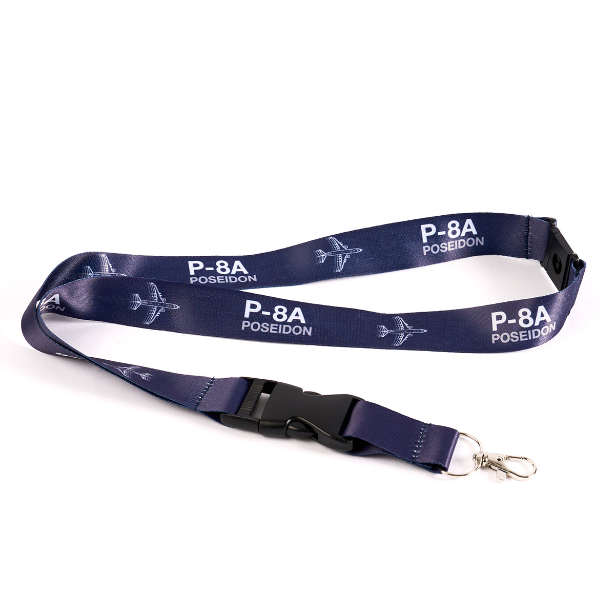 The Boeing Stores Navy lanyard showcases P-8A Poseidon and airplane illustrations in white, with a black plastic buckle and metal clip for secure attachment.