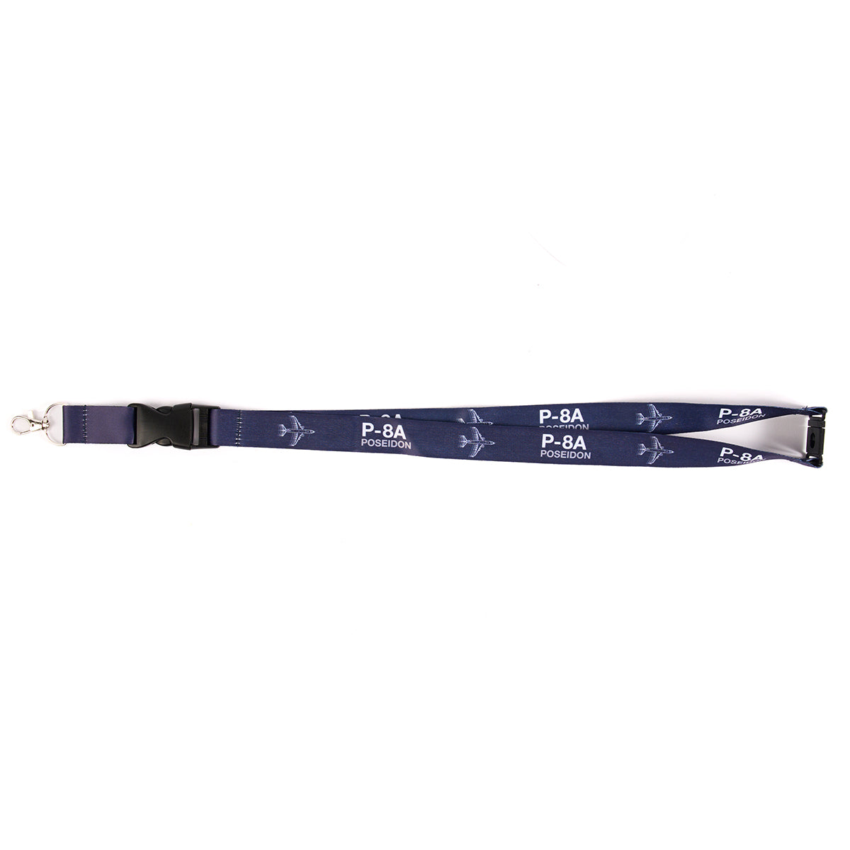 This Boeing P-8A Poseidon Motion Lanyard from The Boeing Store combines aviation flair with style and functionality, featuring navy blue color, P-8A POSEIDON text, aircraft images, a metal clip, and a black plastic buckle.