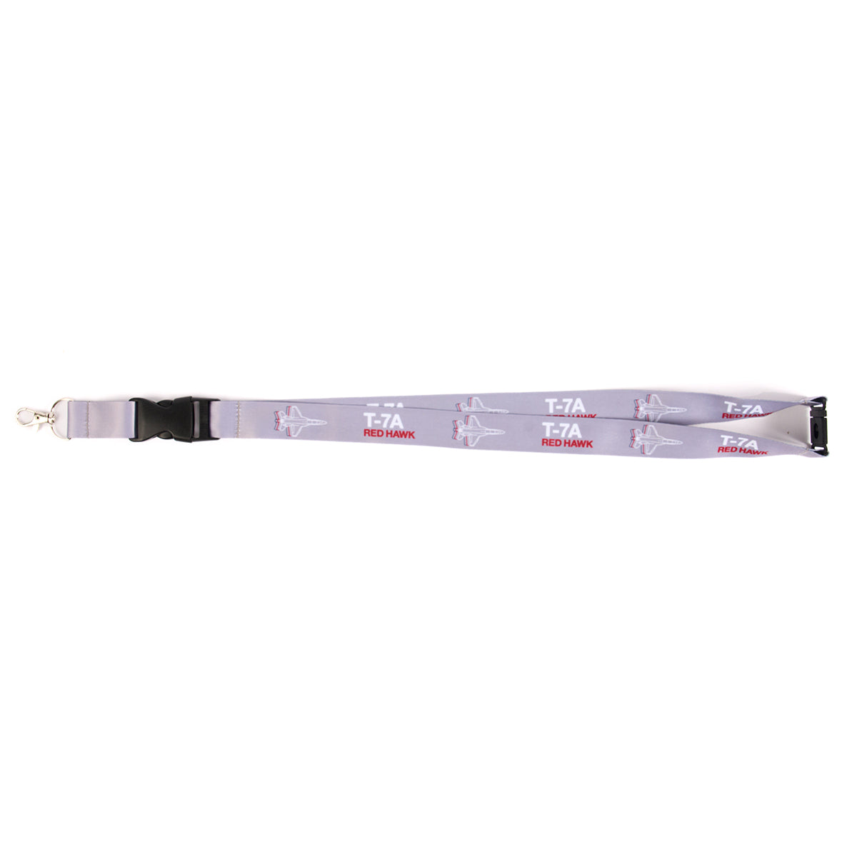 The Boeing Stores aviation-inspired T-7A Red Hawk lanyard features gray fabric adorned with T-7A Red Hawk, red hawk, and airplane designs. It includes a black clip and metal swivel hook.