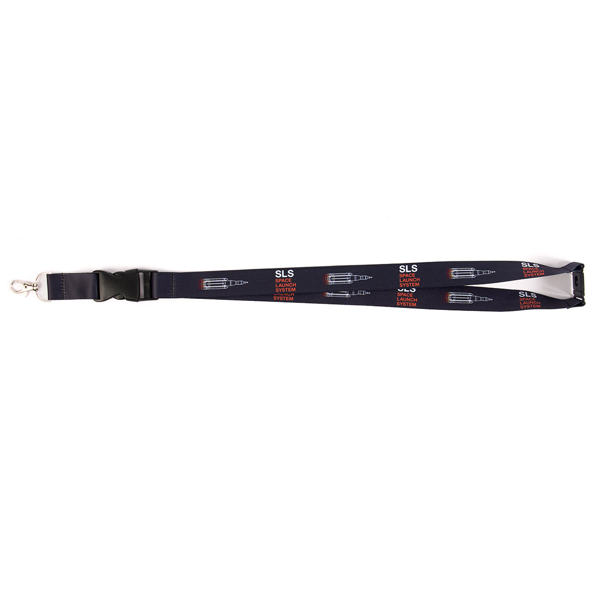 The Boeing Stores Boeing Space Launch System Motion Lanyard, adorned with red and white SLS and rocket graphics on navy blue, is perfect for space enthusiasts. Featuring a plastic buckle and metal clasp, it captures the essence of the Space Launch System.