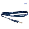 The Boeing Store's Boeing Sustainable Lanyard is made from recycled plastic bottles, features a navy blue color with the name in white, and includes a metal clasp for attaching items.