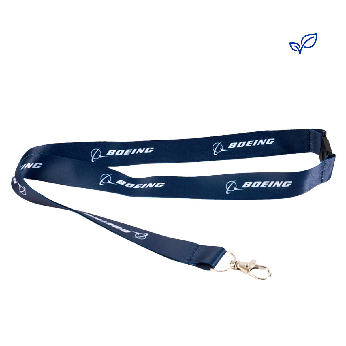The Boeing Store's Boeing Sustainable Lanyard is made from recycled plastic bottles, features a navy blue color with the name in white, and includes a metal clasp for attaching items.