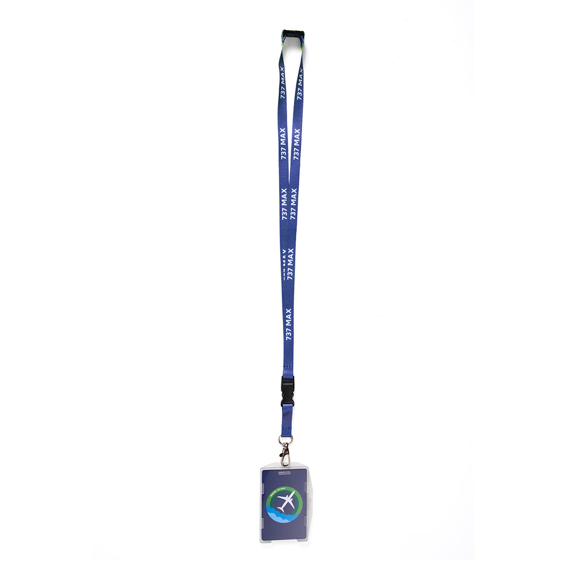 A Boeing 737 MAX Skyward Lanyard, branded by Boeing in blue, holds a transparent ID cardholder featuring a logo with a green and blue design.