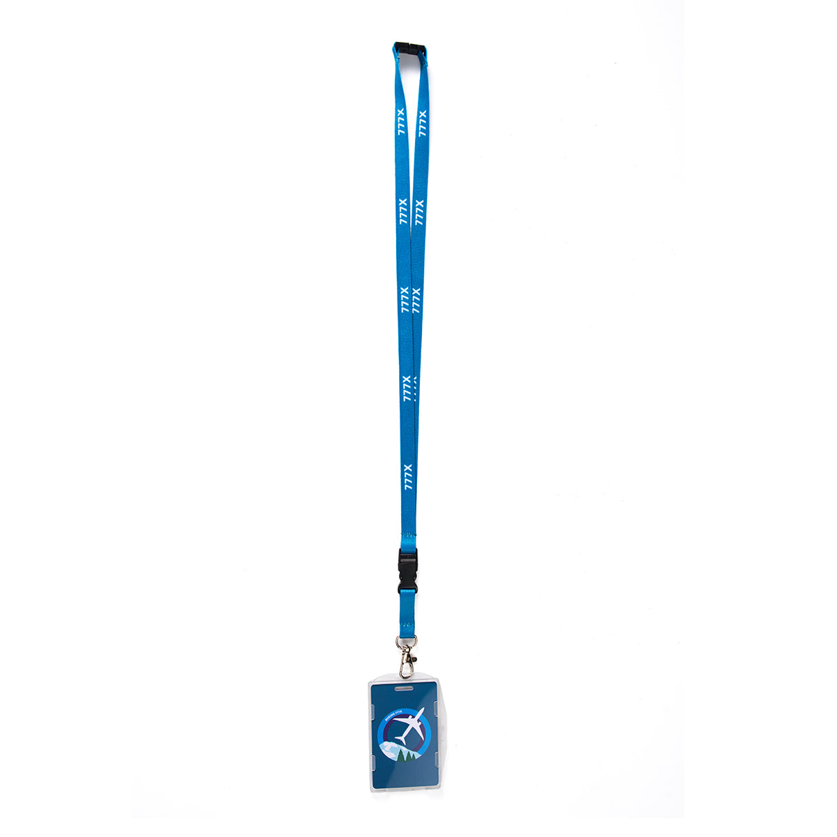 A vertical Boeing 777X Skyward Lanyard with YCC in white carries a clear badge holder. Inside, theres a card showcasing a white stylized figure in motion on a blue background.