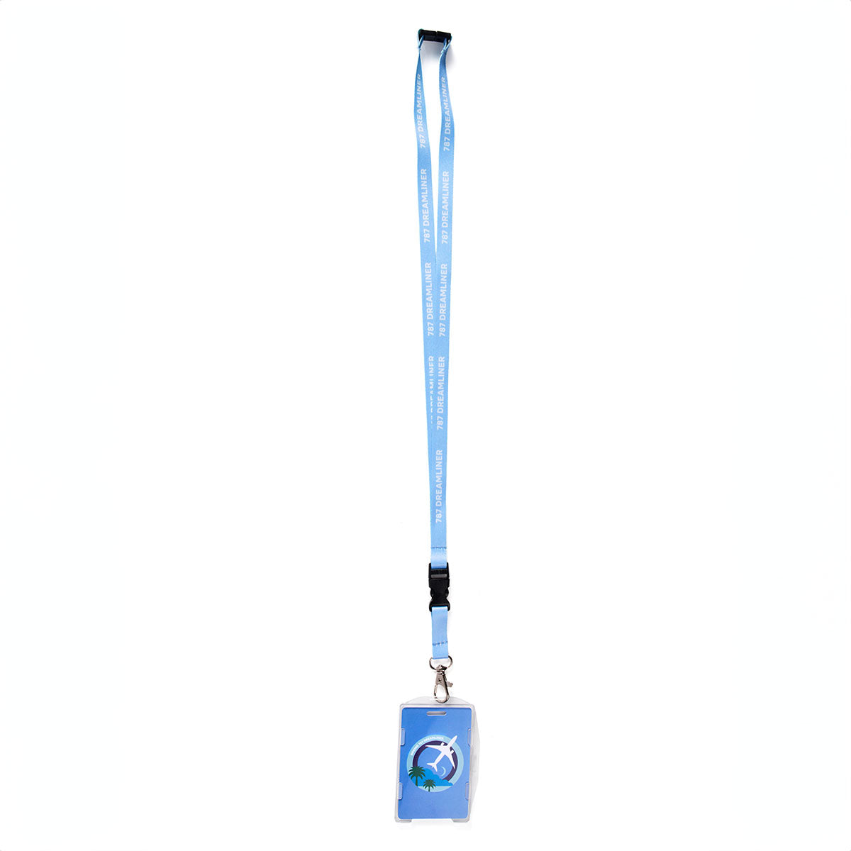 The Boeing 787 Dreamliner Skyward Lanyard from Boeing features a blue strap with white ONLINEMALL 2023 text, a sleek black clip, and an attached clear ID holder displaying a globe graphic, all set against a white background.