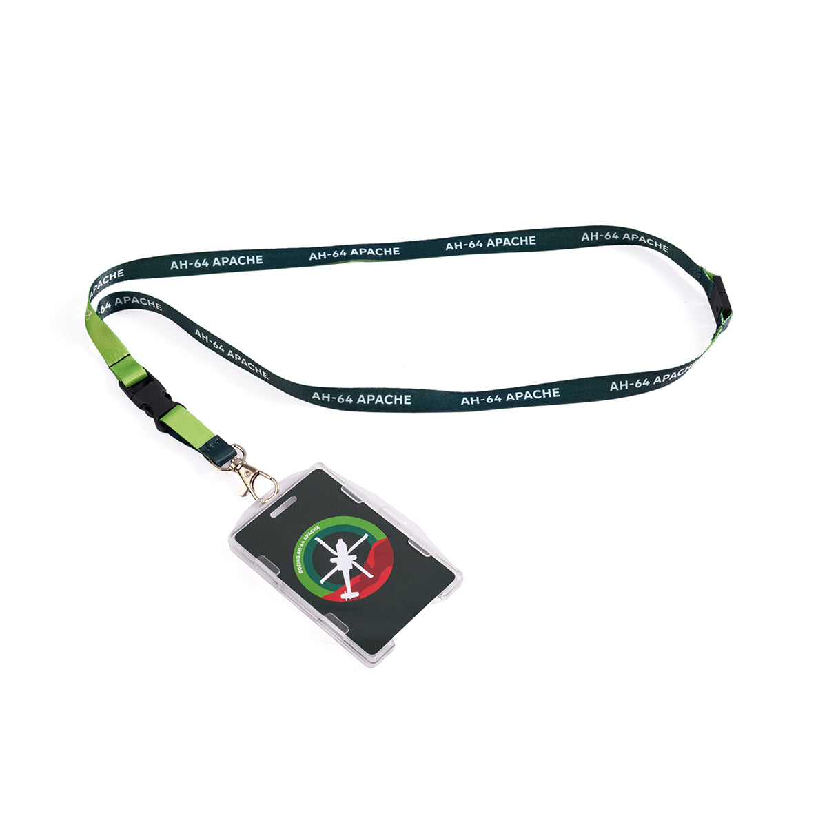 A green Boeing AH-64 Apache Skyward Lanyard by Boeing features a sublimation print and is attached to a clear ID card holder with an emblem displaying a stylized helicopter silhouette.