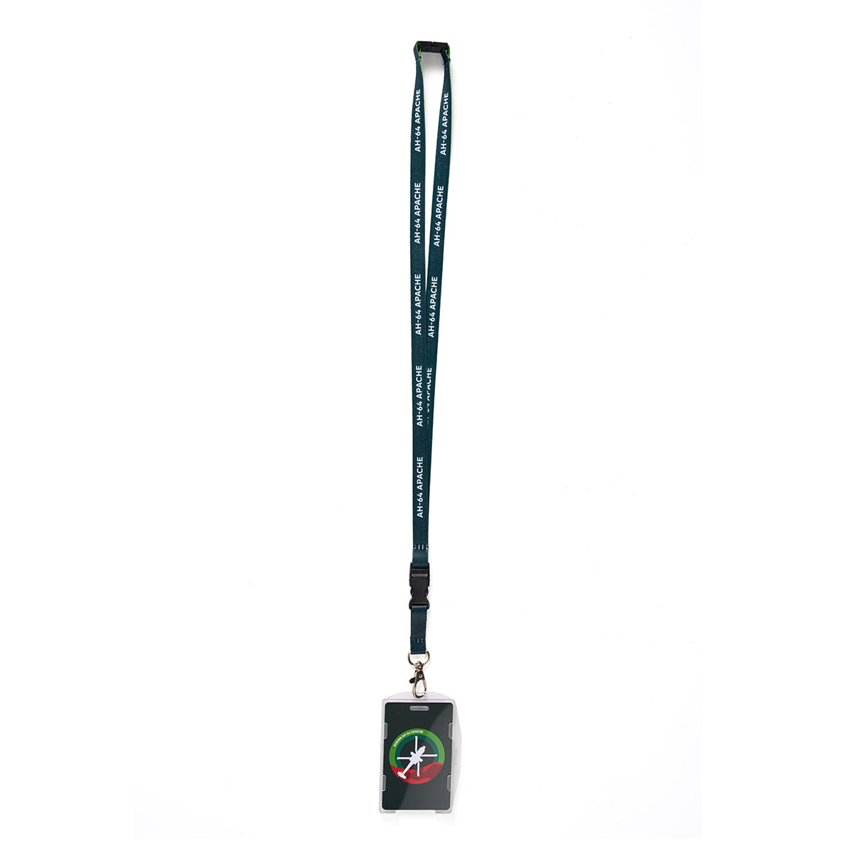 A green Boeing AH-64 Apache Skyward Lanyard, featuring a sleek sublimation print, is attached to a clear ID holder. Inside, a card showcases a multicolored compass design against a black background. The lanyard and holder rest elegantly on a pristine white surface.