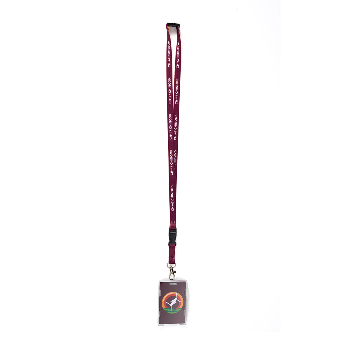 The Boeing CH-47 Chinook Skyward Lanyard by Boeing is maroon with OUR LEGACY printed in white, featuring a sublimation print cardholder with a multicolored circular design. It includes a black clip and hook for secure attachment.