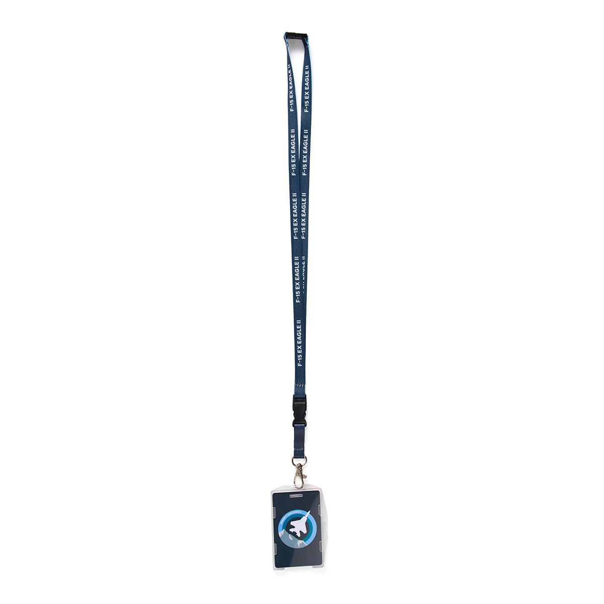 A Boeing F-15EX Eagle Skyward lanyard, navy blue with white VANCOUVER text, is attached to a clear cardholder featuring an orca image.