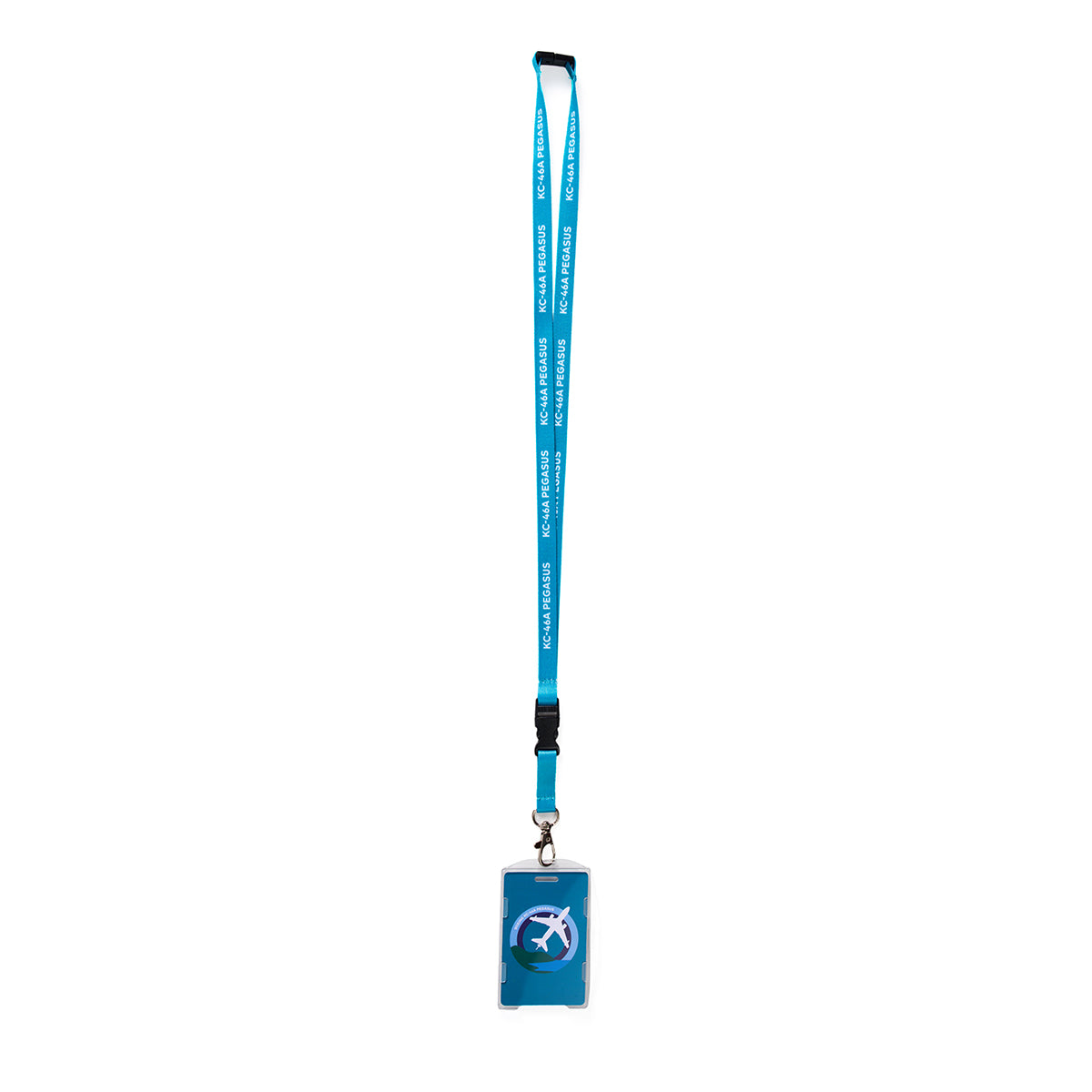 A Boeing KC-46 Pegasus Skyward lanyard with KANDA UNIVERSITY OF INTERNATIONAL STUDIES in white text is attached to a blue ID holder featuring a stylized white bird logo. The sublimation print lanyard includes a black clip and metal hook.