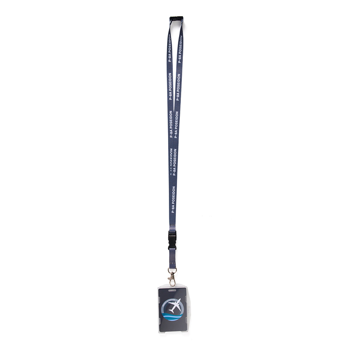 A sleek Boeing P-8 Poseidon Skyward lanyard, black and blue with white sublimation text, connects to a black cardholder adorned with a blue and white circular logo. The silver clasp attaches securely, all set against a plain white background.